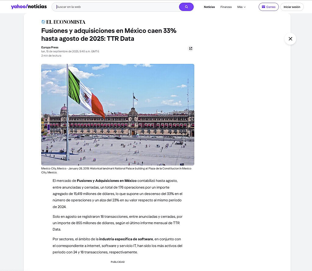 Fusiones y adquisiciones en Mxico caen 33% hasta agosto de 2025: TTR Data